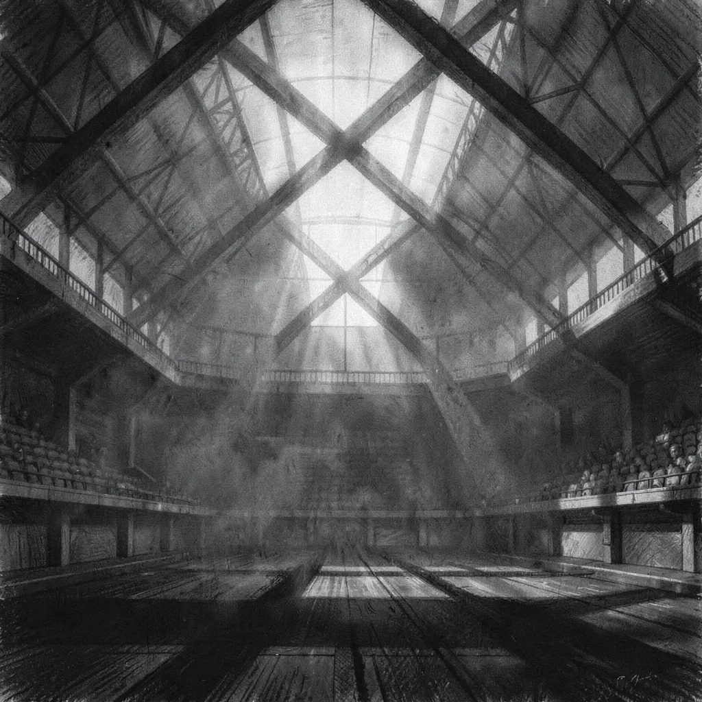 Atmospheric charcoal study of a fog-filled arena with crossed beams overhead, de