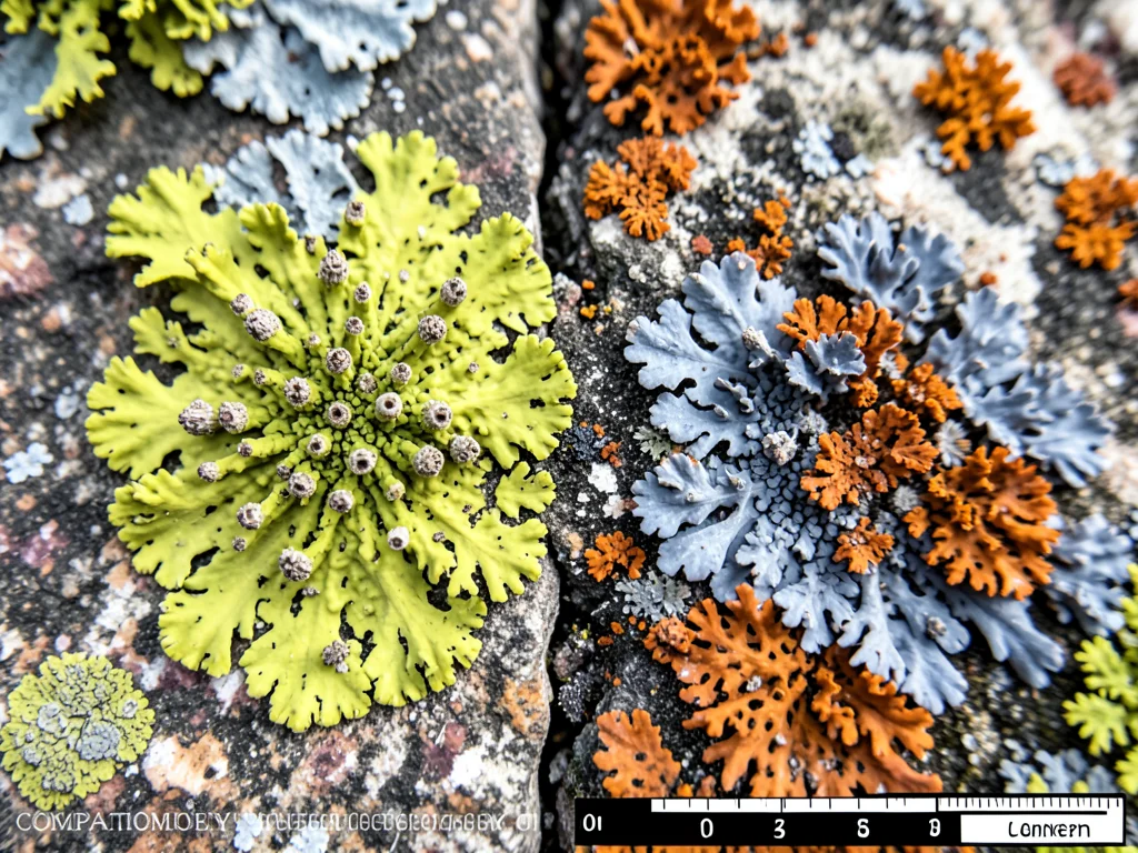 Competition line between two crustose lichen species, sharp territorial border v