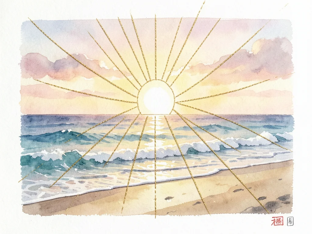 Sunset beach where sun rays are gold thread stitched onto photographic print
