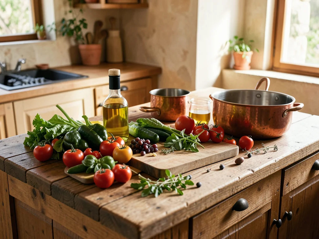 Kitchen island with fresh ingredients laid out: vegetables, olive oil, cutting b