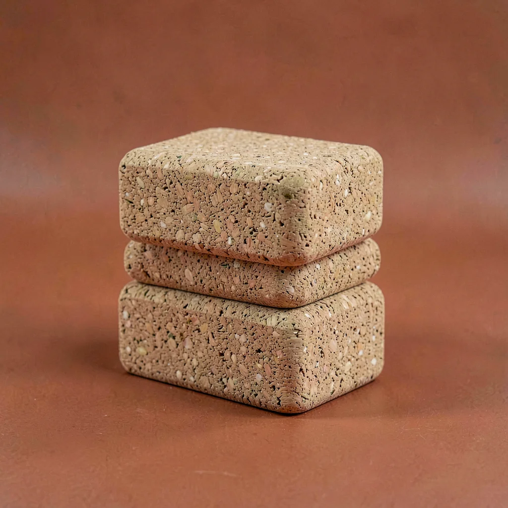 single pair of natural-cork yoga blocks stacked off-axis at three-quarter angle 