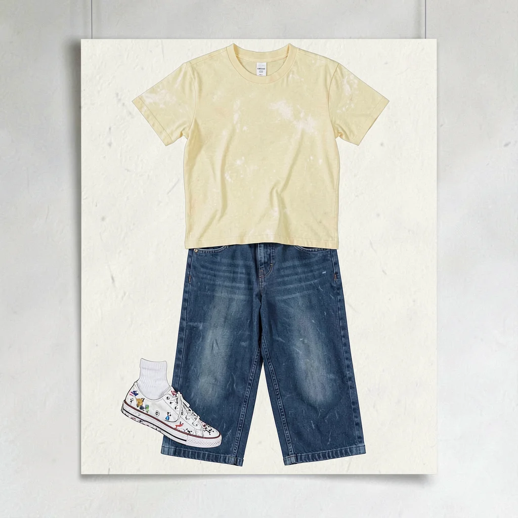 Color-block flatlay of a full skate outfit on cream paper, faded yellow tee, was