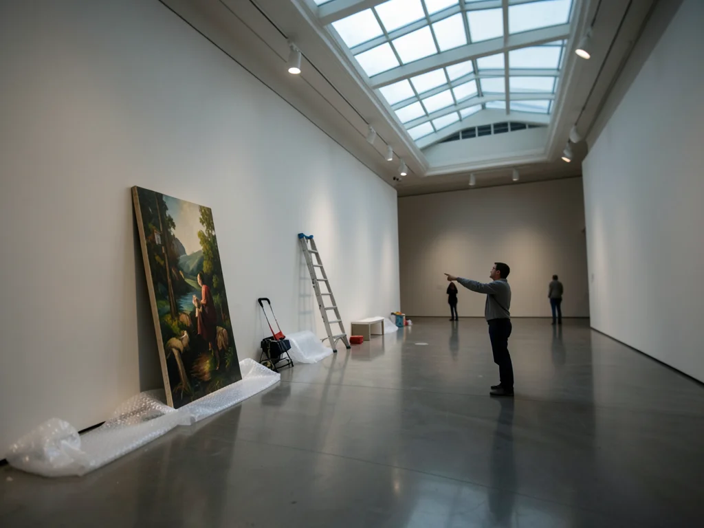 A gallery during installation: a painting leaning against the wall, ladder, bubb