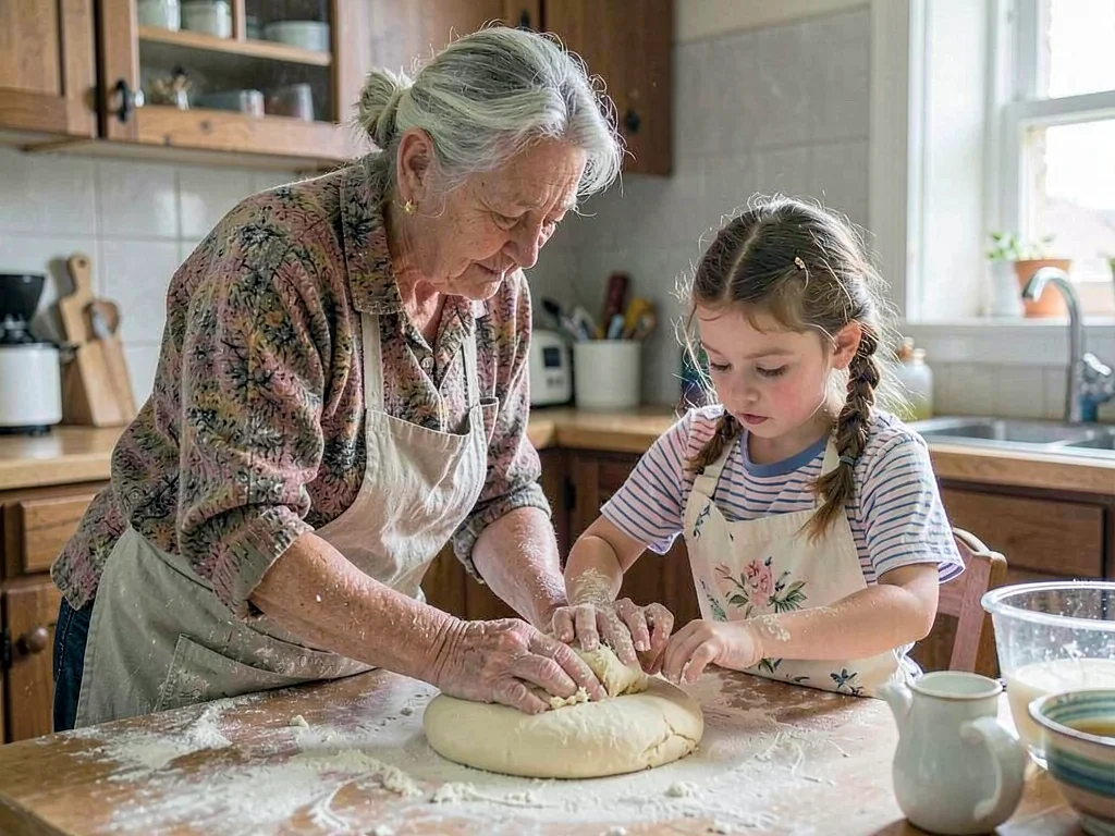 A grandmother teaching her granddaughter to knead bread dough in a flour-dusted 