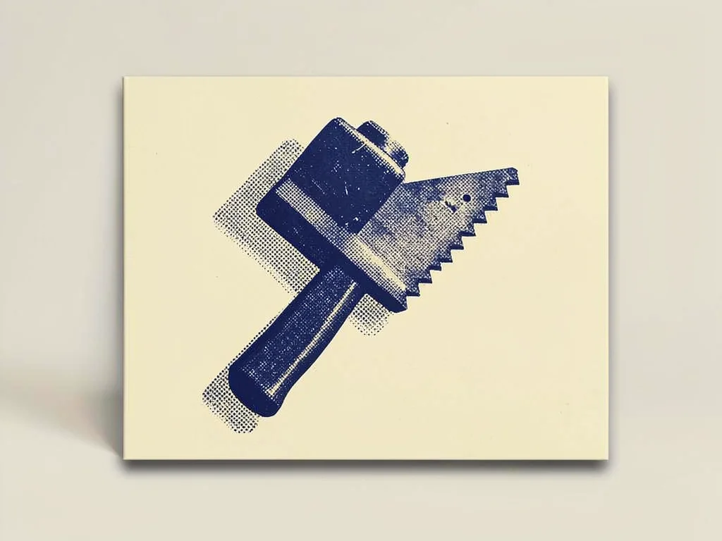 Riso style class-card motif of a halftone hammer and saw in spot navy on butter 