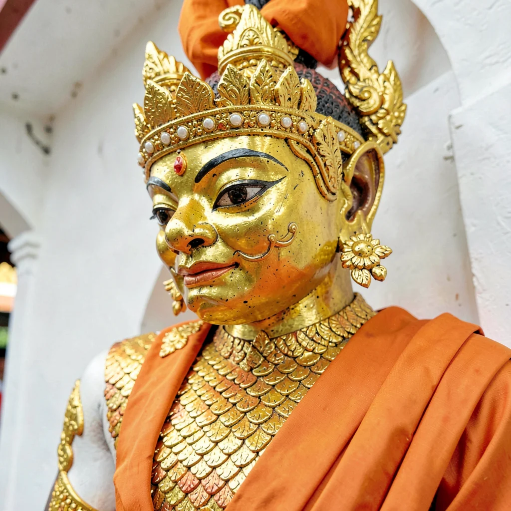 Lanna temple detail, Chiang Mai sacred ornament, temple guardian figure face, go