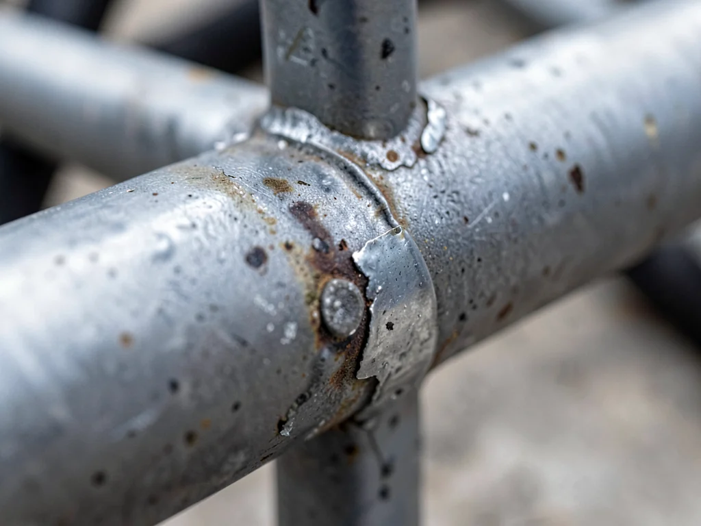 Bike rack tube weld, powder coating chipped to reveal bare steel