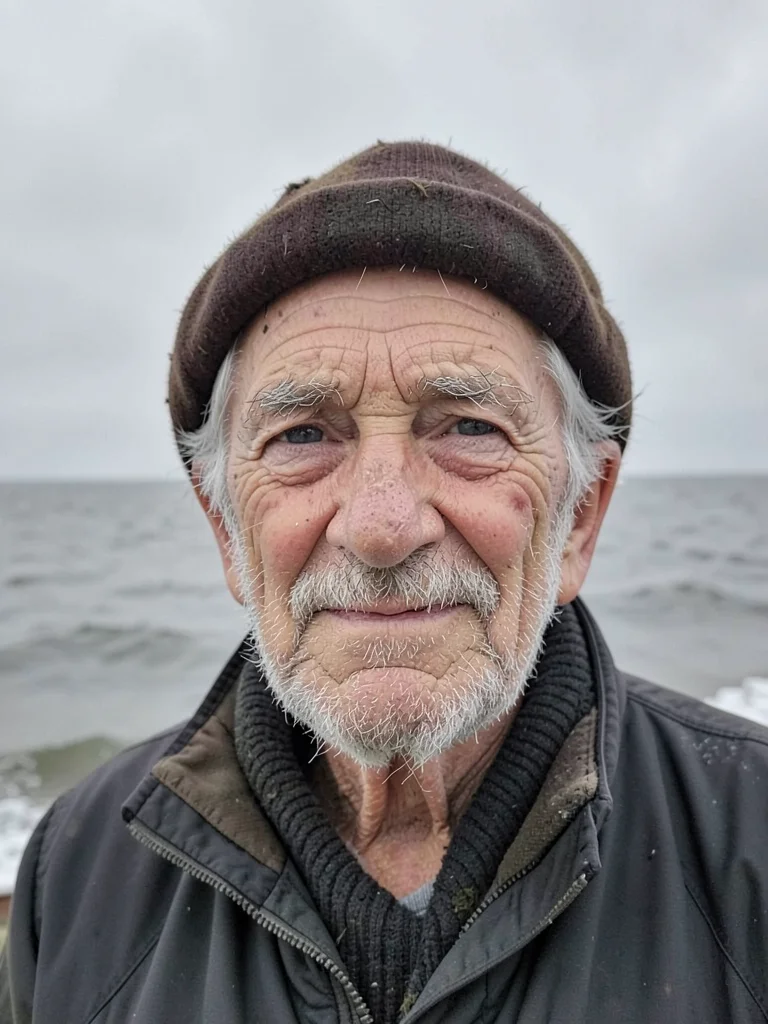 An elderly fisherman's face in flat overcast light, every wrinkle visible withou