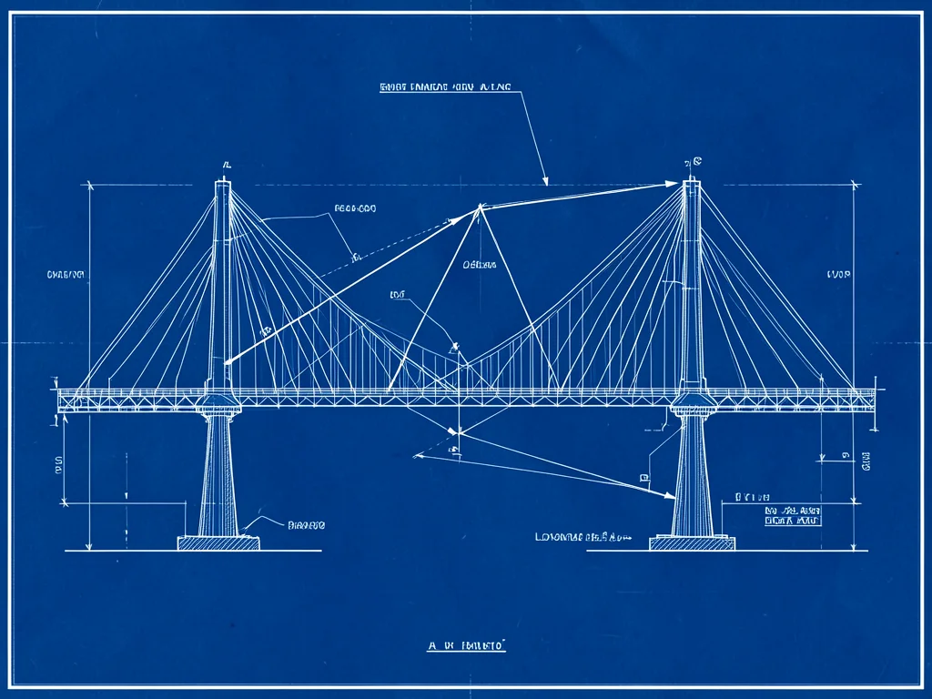 A bridge engineering diagram showing force vectors, cable tensions, and load dis