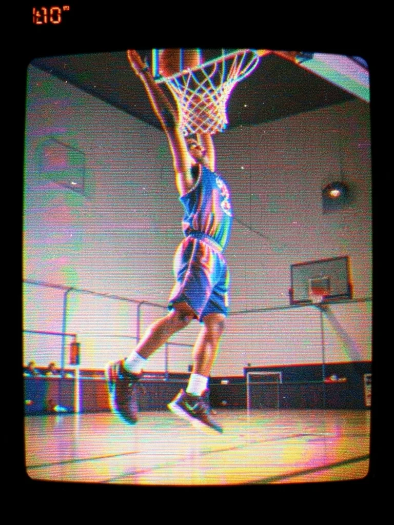 A basketball player frozen mid-dunk, body stretched by interlace artifacts