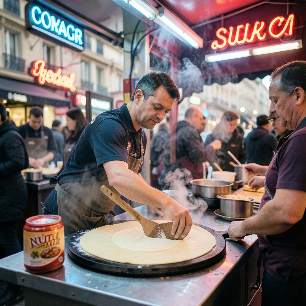 A crepe stand in Paris, the vendor spreading batter on a circular griddle with a
