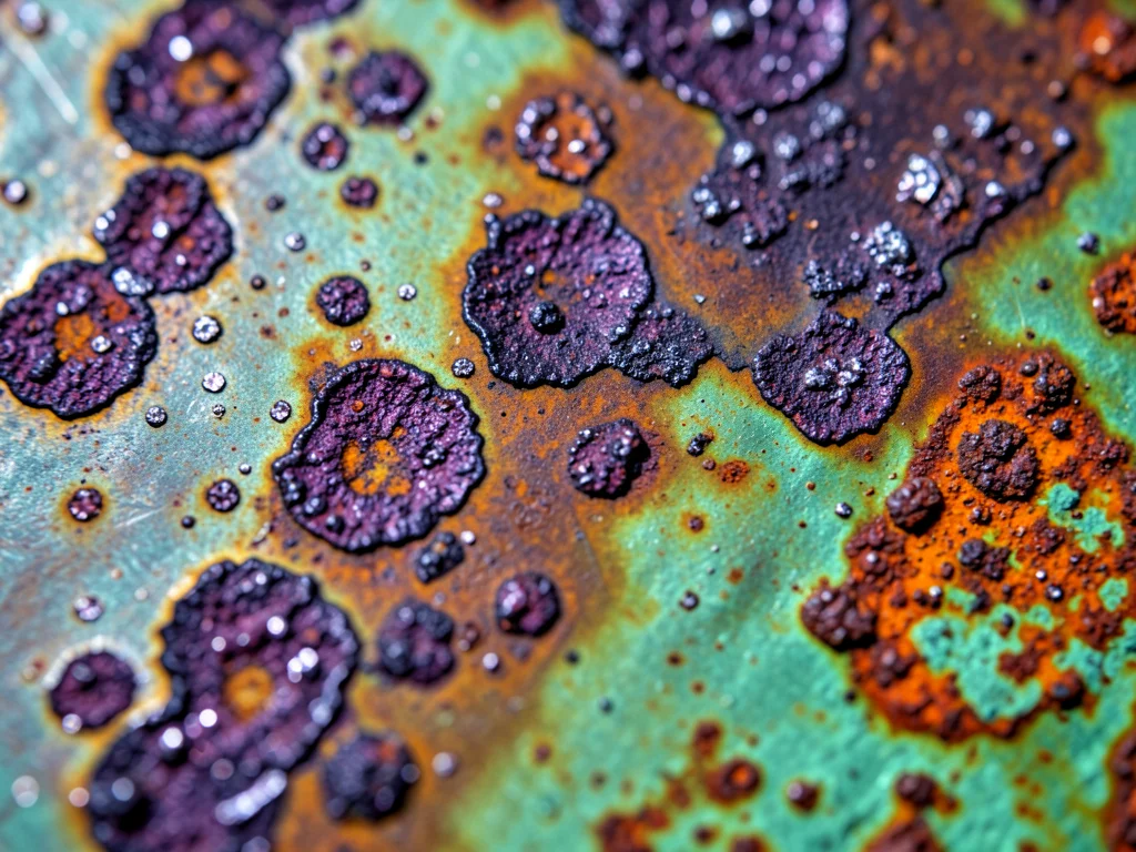 Silver tarnish macro, purple-black silver sulfide developing in uneven patches o