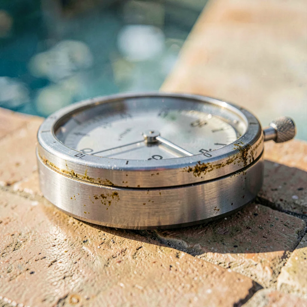 Cropped detail of a brushed-metal stopwatch crown poolside, scratch patina along