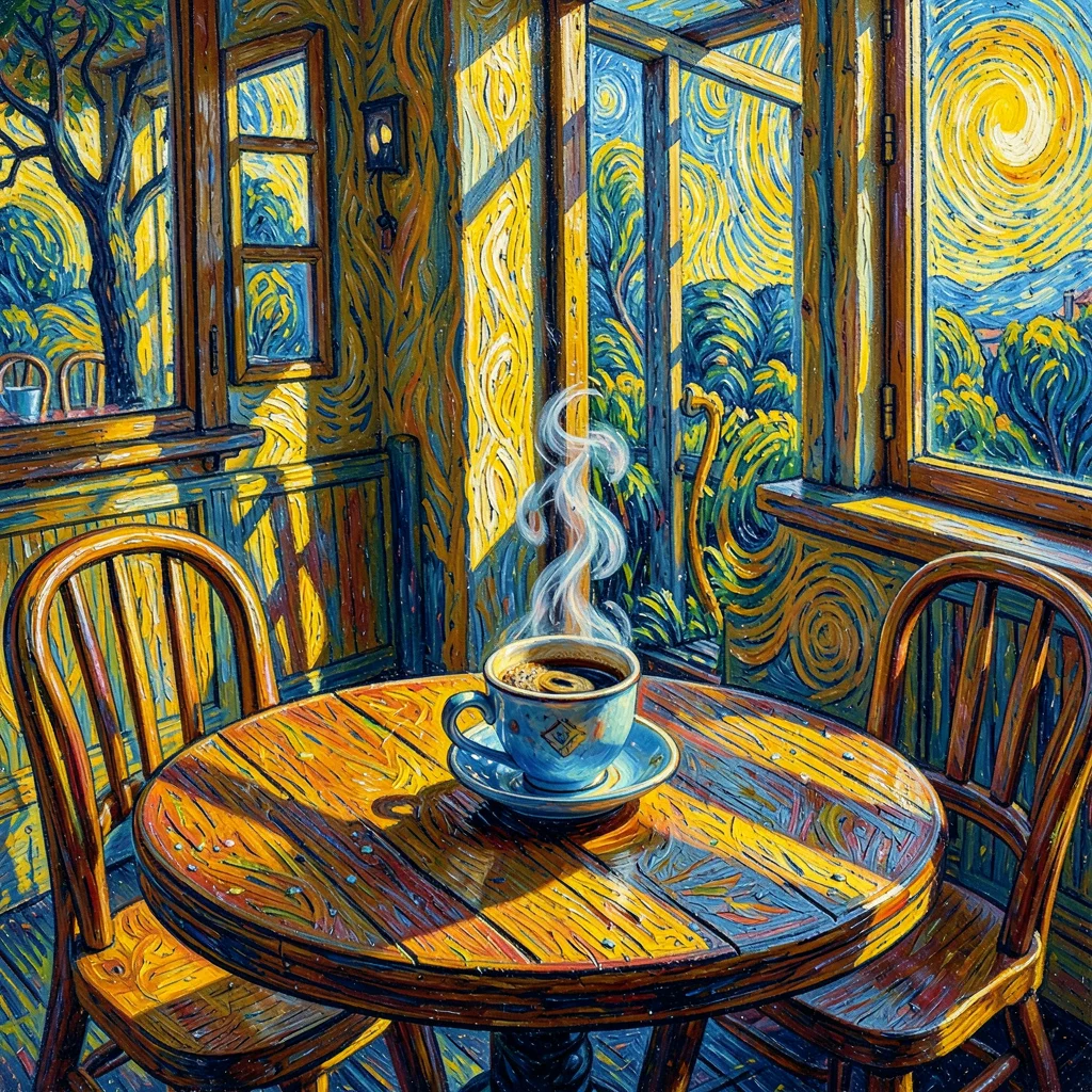 Post-impressionist Provençal intensity, emotional saturated color, A cafe table 