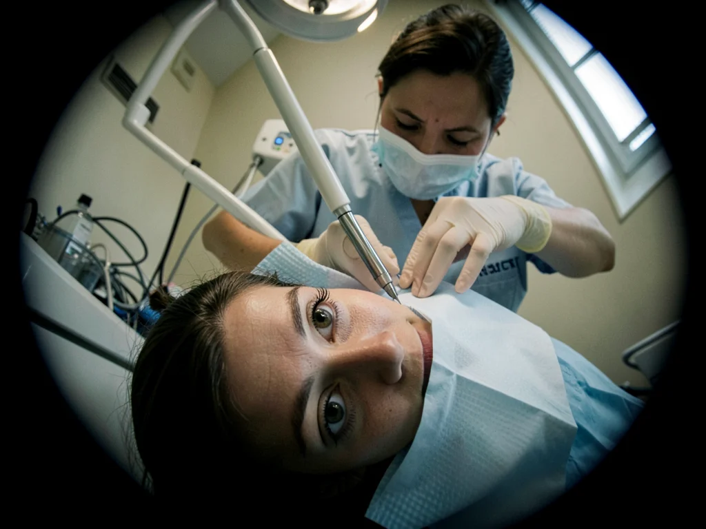 Dentist approaching with tools, patient's eye view, everything tilted wrong