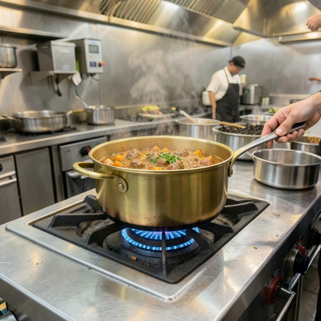 Tagine cooking on industrial gas burner in commercial kitchen, brass and steel