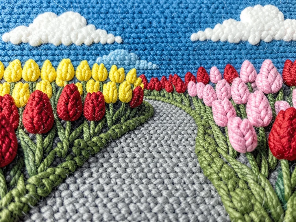 A spring garden scene as carpet — tulip beds in blocks of red, yellow, and pink 