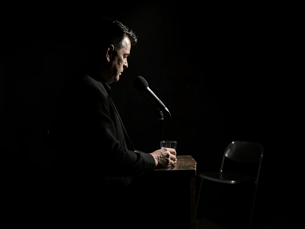 Witness stand in dramatic side light, microphone casting long shadow, glass of w