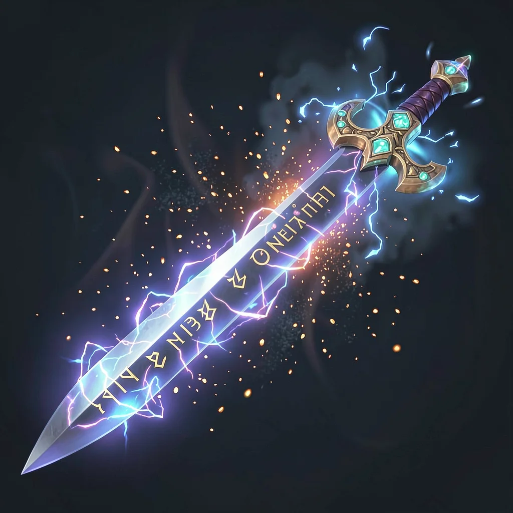 Magic spell effect illustration, enchantment spell on weapon, runes appearing al