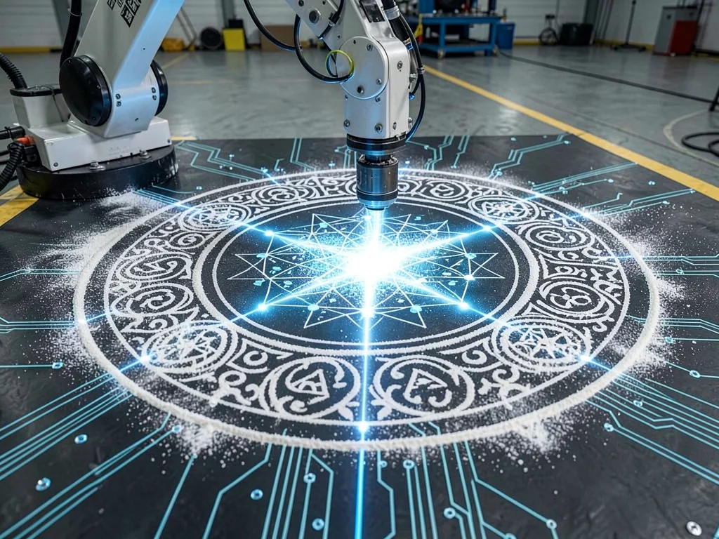 Morning kolam drawn by robot arm with UV-reactive powder on factory floor