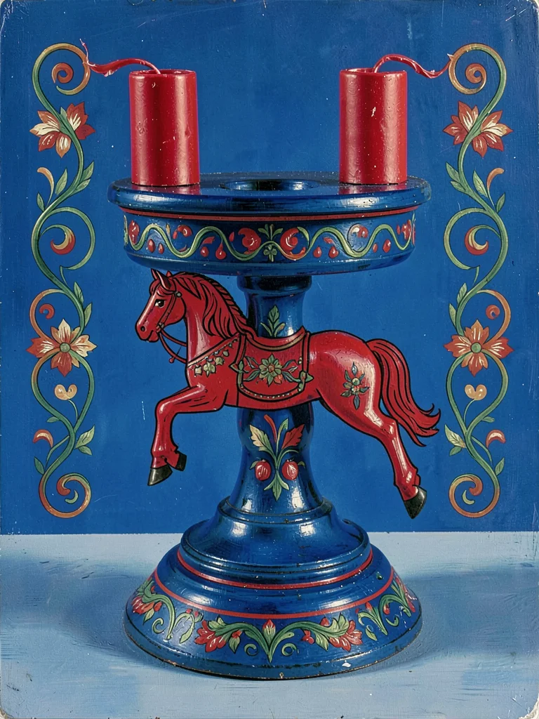 Scandinavian advent candleholder — painted blue wood with red candle cups and vi