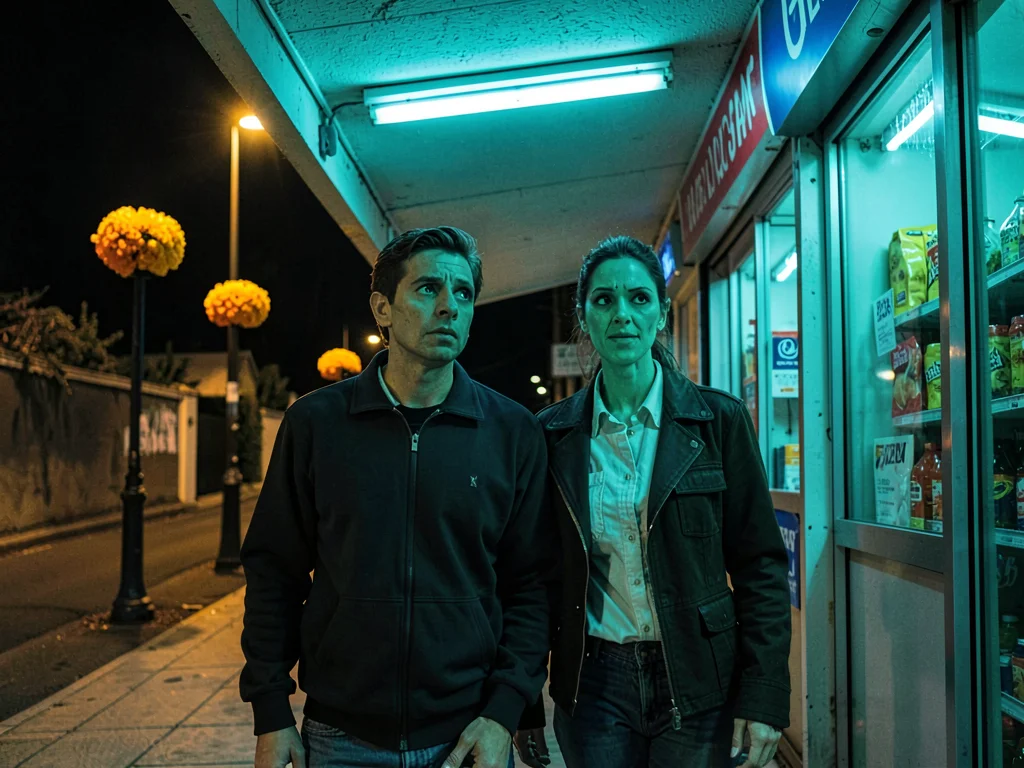 Couple walking under convenience store awning, fluorescent light turning their f