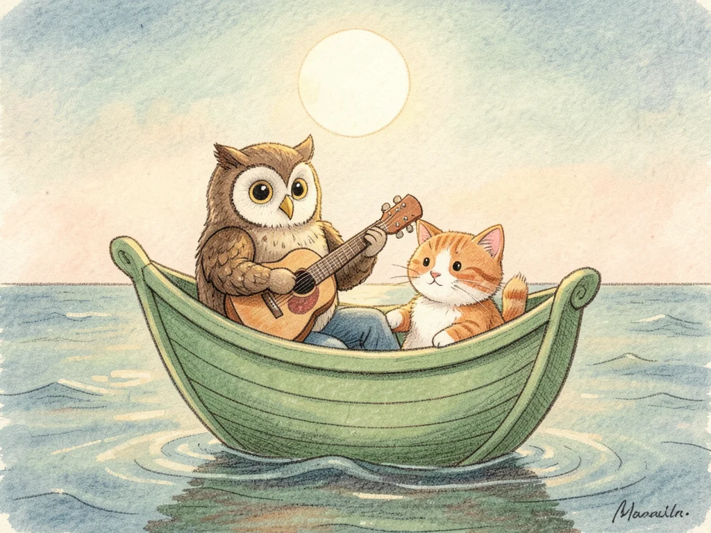 An owl and a cat in a beautiful pea-green boat, the moon overhead, the sea calm,