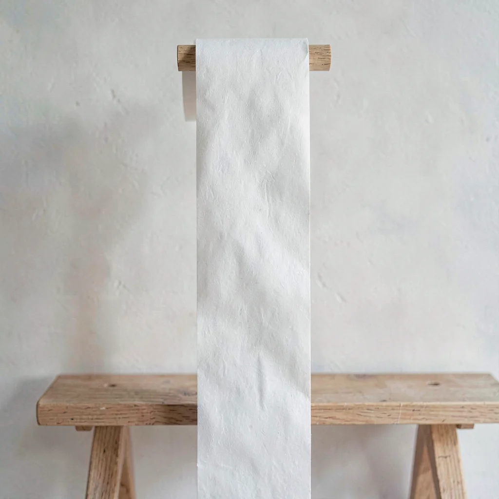 Vertical paper texture of a long roll of polishing paper hanging by a bench