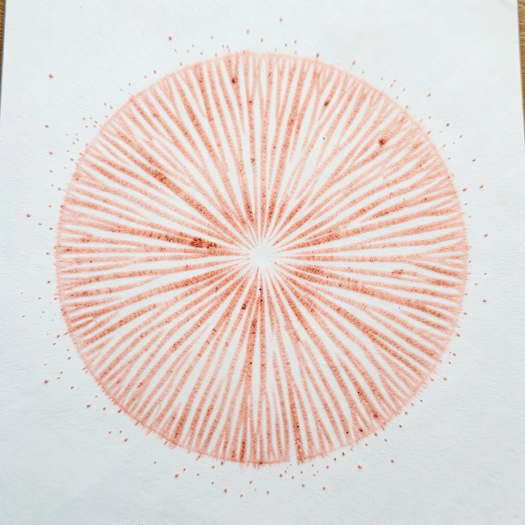 Russula pink spore print on white paper, delicate salmon-pink deposit in perfect