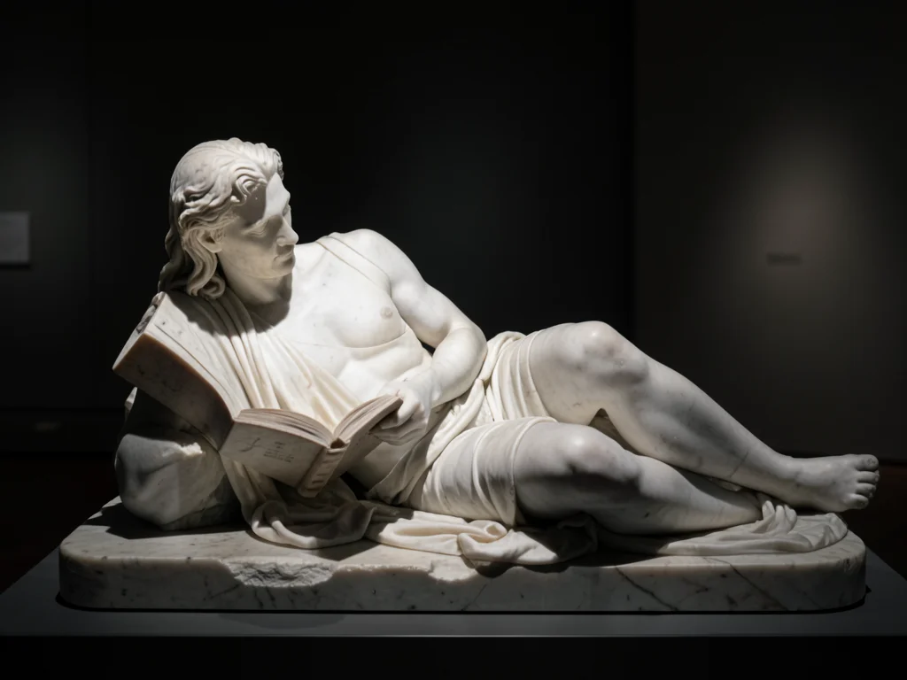 A reclining figure reading a book, carved in white marble, the book pages so thi
