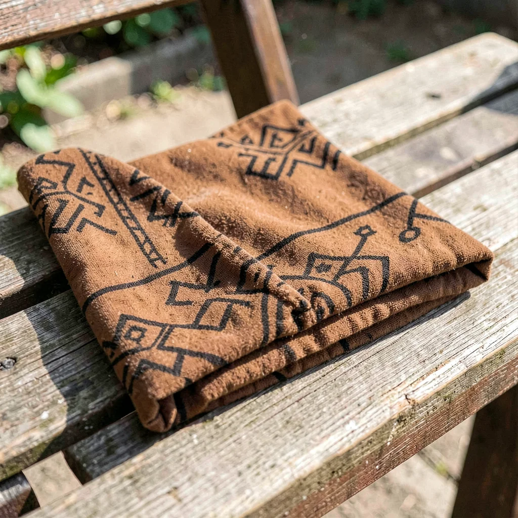 Warm tapa cloth browns and geometric pattern rhythm, A lavalava cloth folded on 