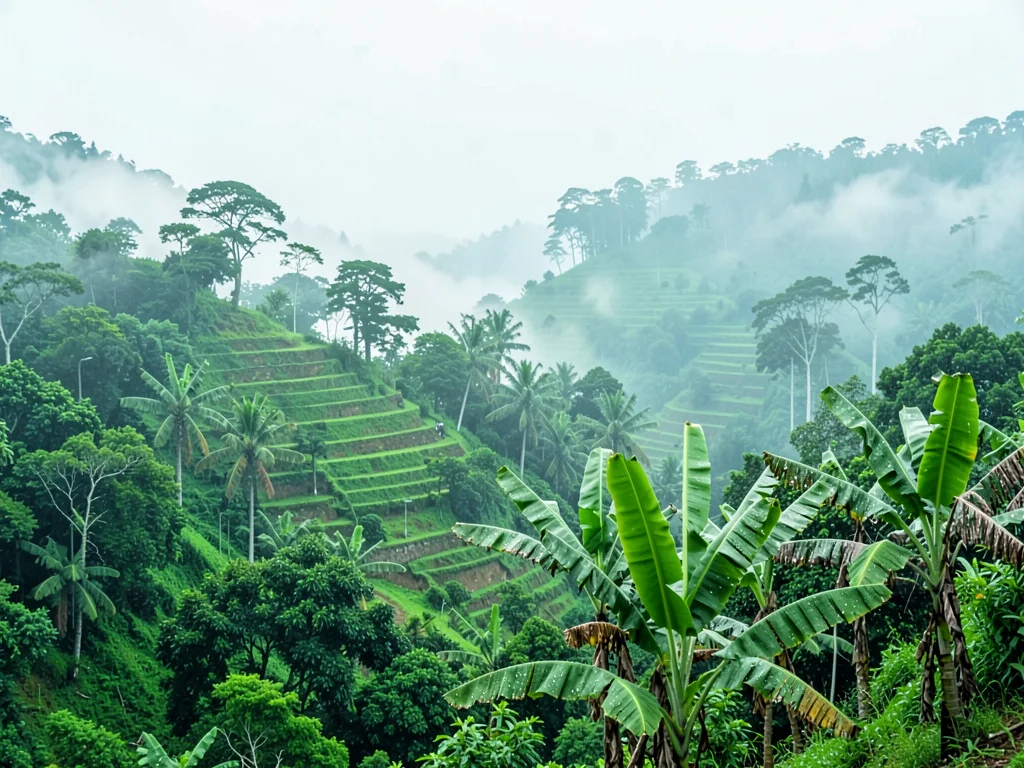 Emerald green hills through morning mist in Kigali, Rwanda, Gorilla mist forest,
