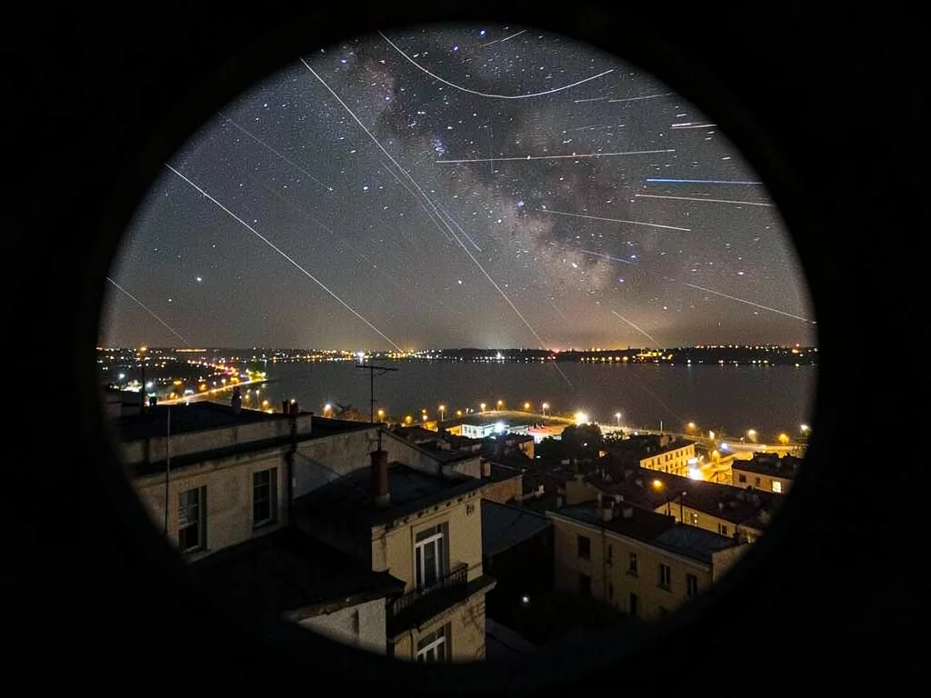 Rooftop pinhole capturing star trails over city lights, the ancient and the arti