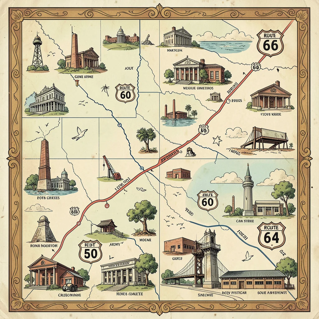 Illustrated map illustration, Route 66 from Chicago to Los Angeles with landmark