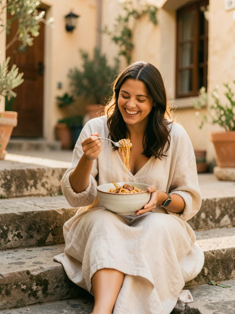 A woman eating pasta from a ceramic bowl while sitting on stone steps in a court