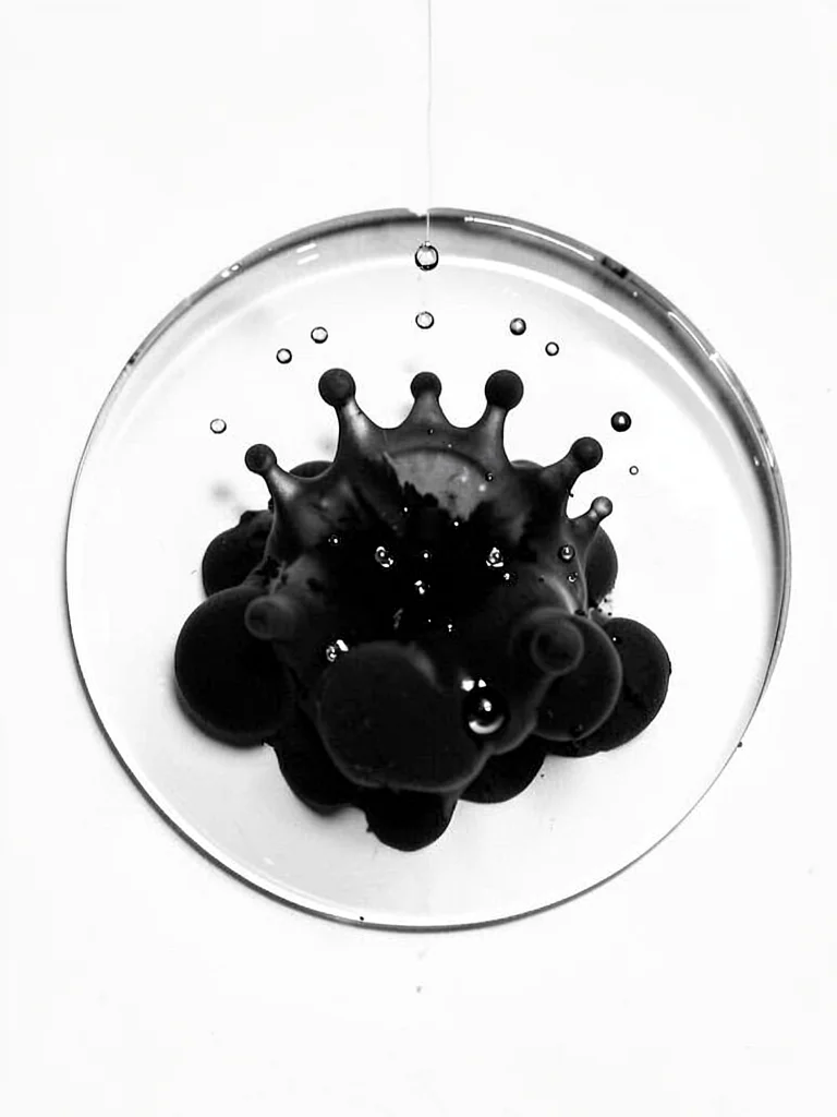Drop of ink frozen at moment of water contact, crown formation beginning