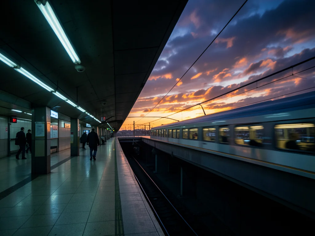 A monorail gliding above a city, the elevated track creating a geometric line ag