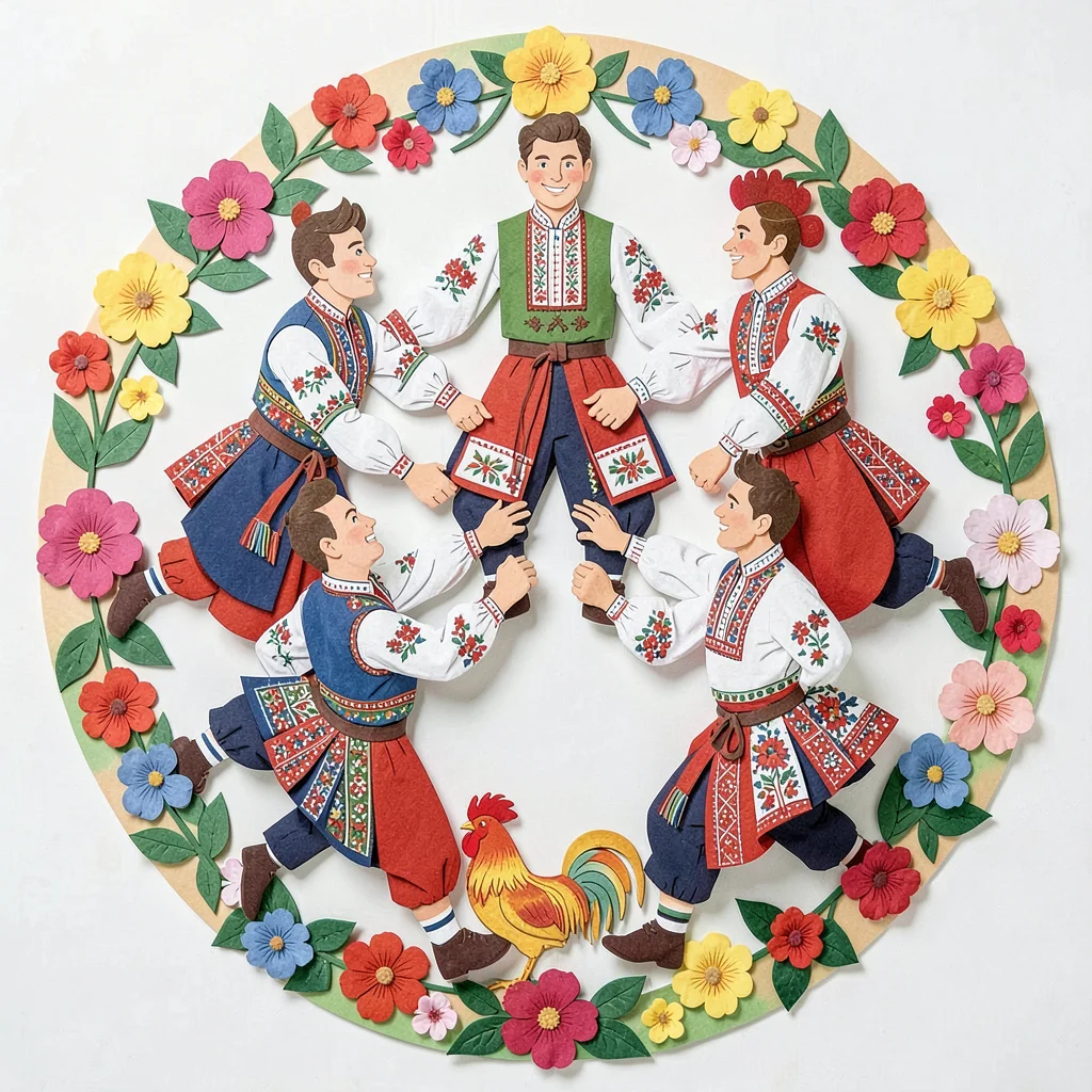 Polish wycinanki paper cut illustration, folk dancers holding hands in a circle 