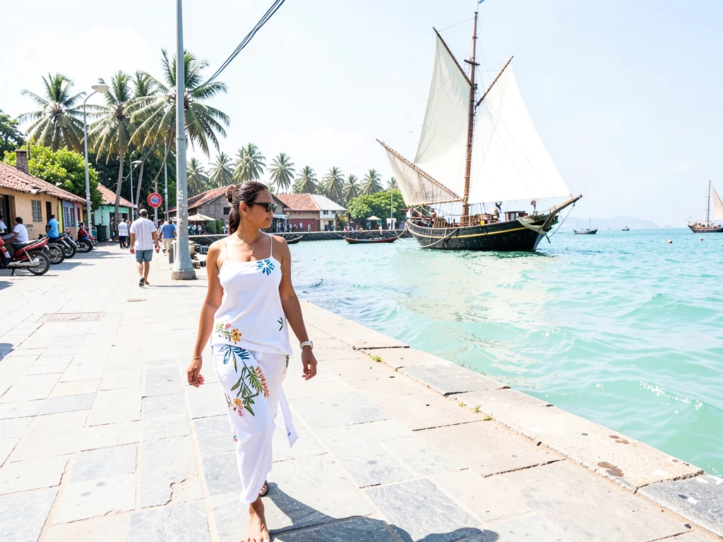 Brilliant Indian Ocean noon light in Dar es Salaam, Woman in white kanga walking
