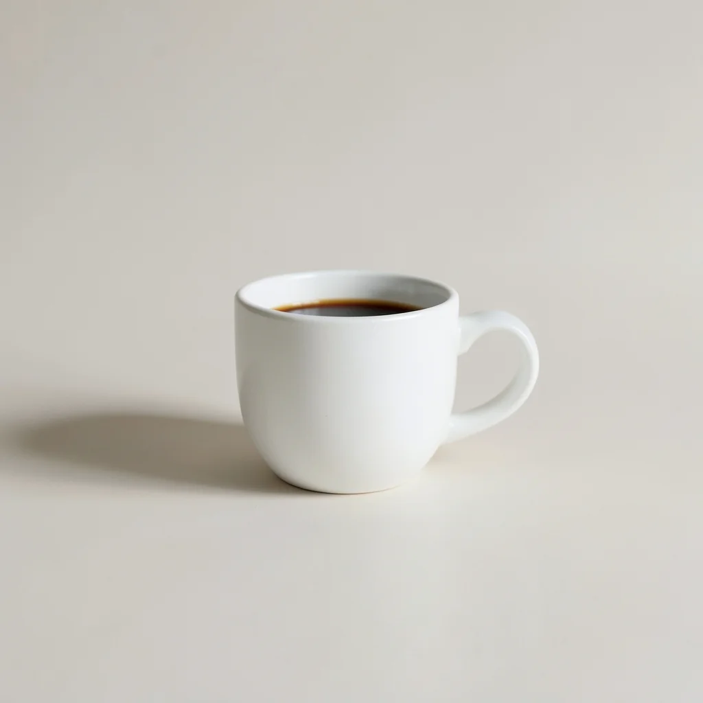 Minimalist photography of a single white coffee cup centered on a clean matte surface, soft natural daylight from the si