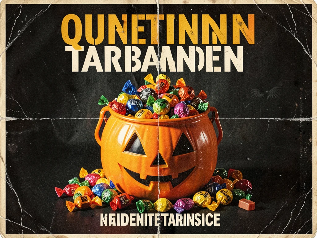 Halloween candy spilling from plastic pumpkin bucket, variety of wrapped sweets