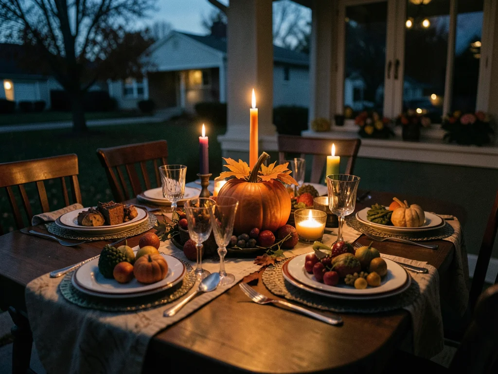 Thanksgiving table set with warm colors, pumpkin centerpiece, candles, harvest f