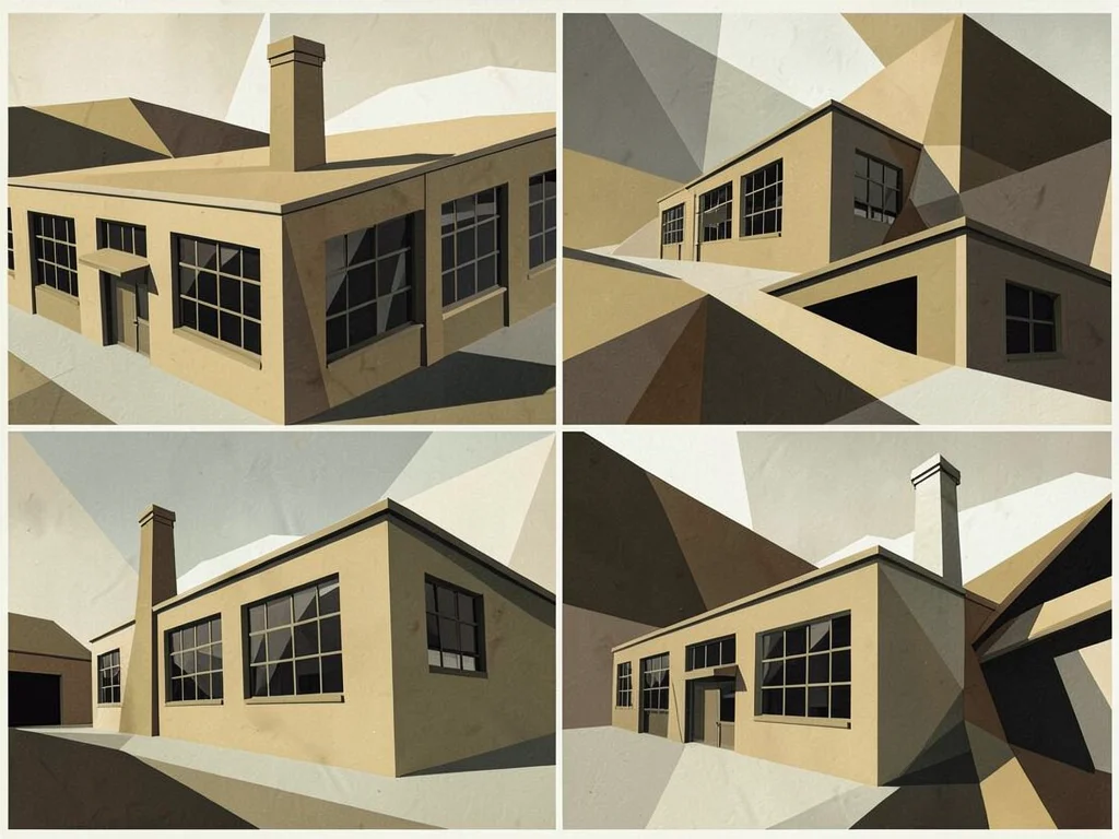 Factory exterior — windows, walls, chimney each from a different angle in the sa