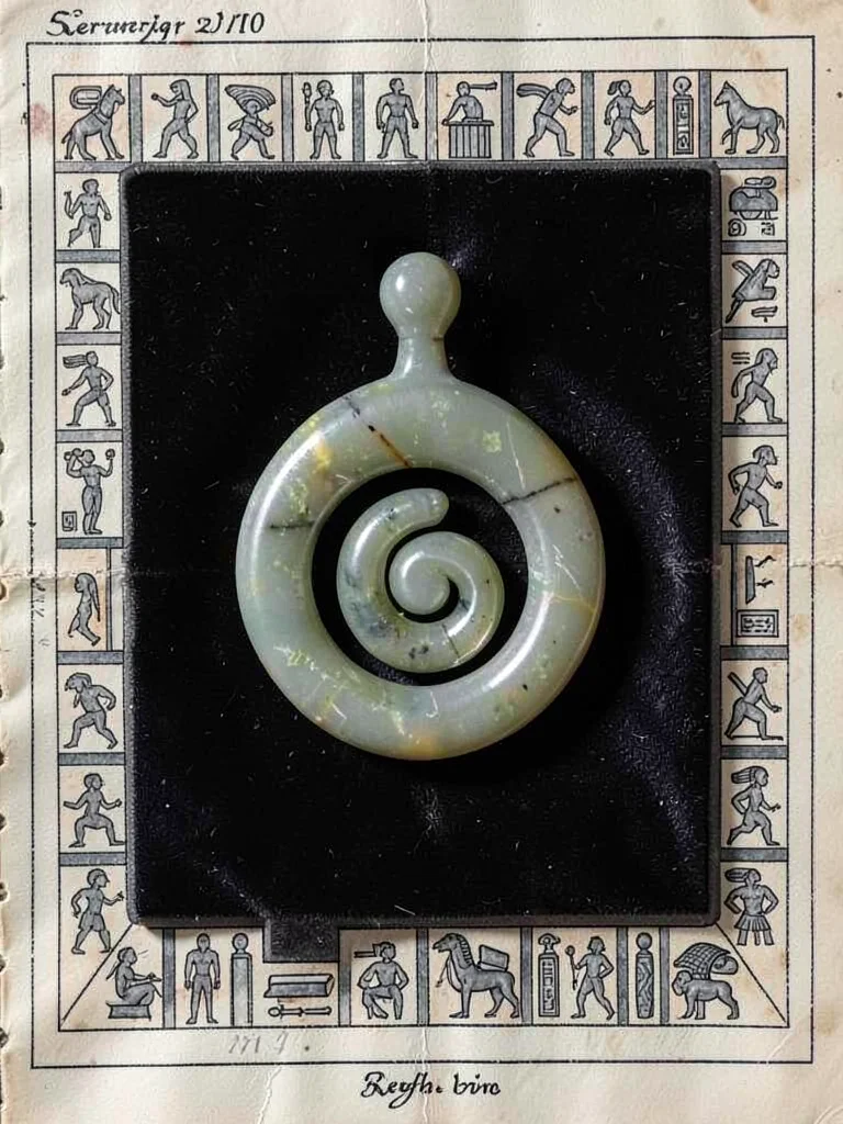 Serpentine jade ornament on dark velvet, studio light picking up carved coil det