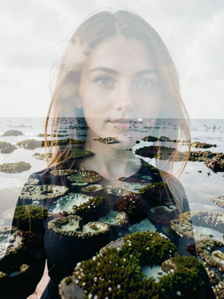 New mother's portrait blended with tide pools, the depths she's only beginning t