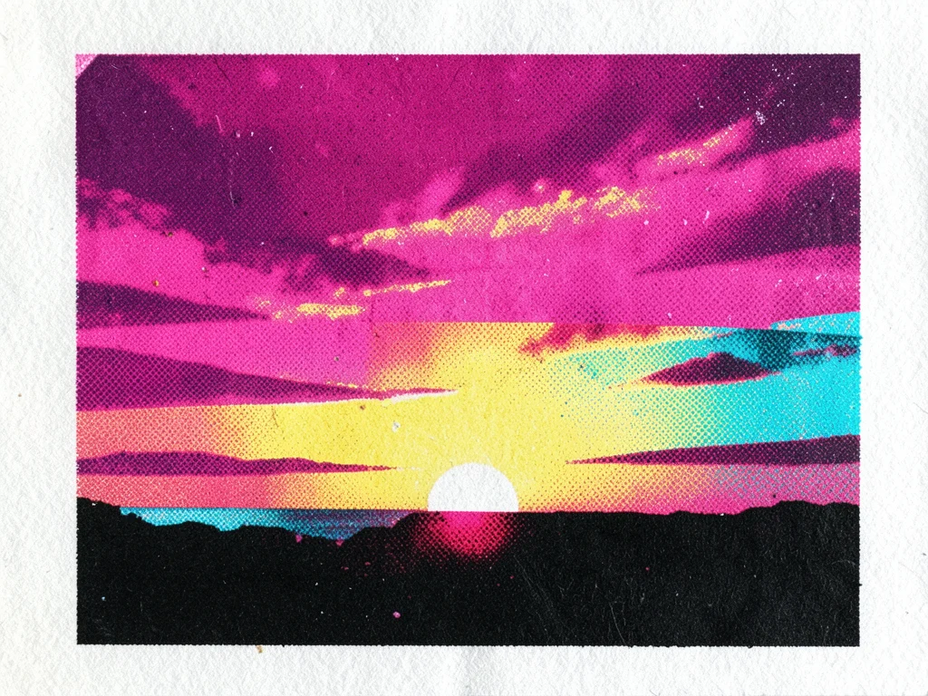 Process color print of a sunset with magenta plate rotated slightly, warm sky fr