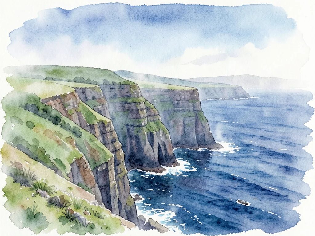 Cliffs of Moher rendered in loose watercolor washes, indigo sea meeting green cl