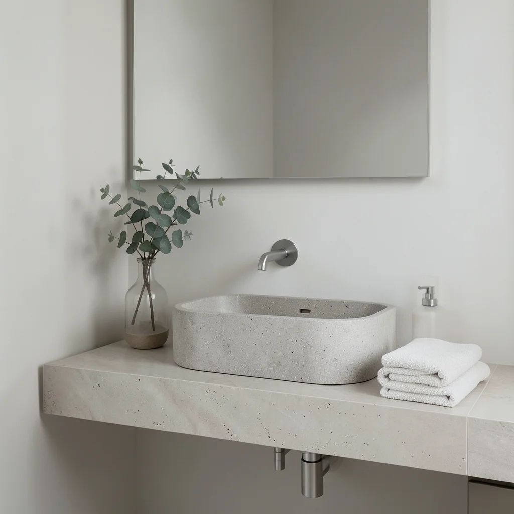 Bathroom vanity with stone basin, single faucet, folded towels, eucalyptus sprig