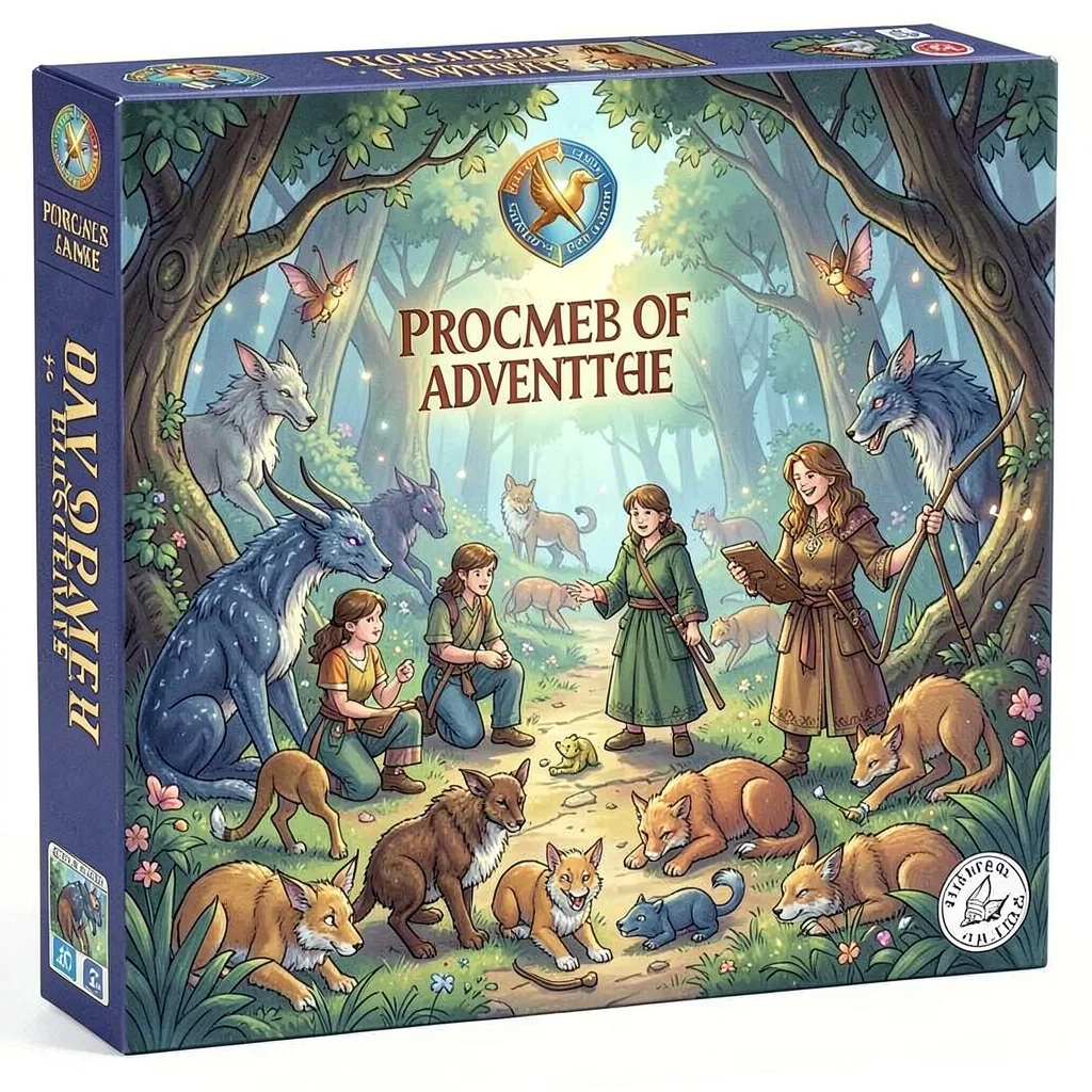 Board game box illustration, a magical creature sanctuary with keepers caring fo