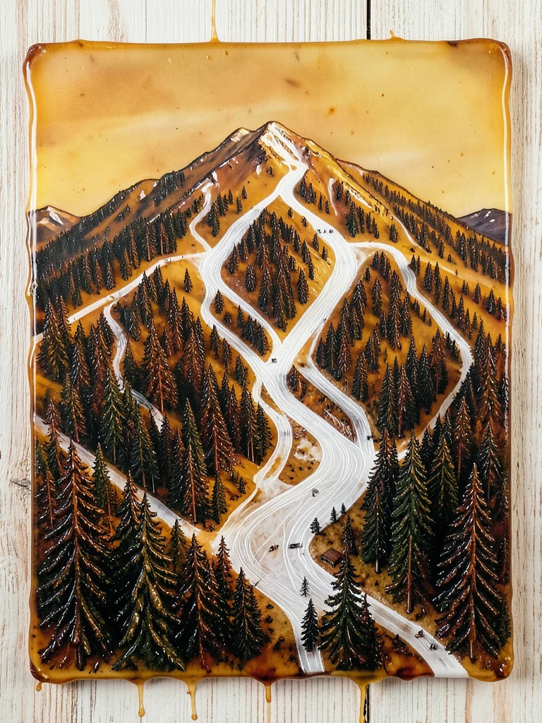 A ski resort mountain with white runs carved through dark evergreen forest